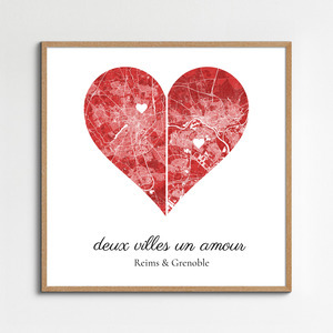 Carte personnalisée en cœur : Deux villes, un amour - Pour couples en relation à distance